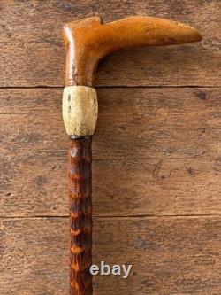 Antique Fritz Walking Stick Carved Wood Cane Horn Collar Rustic Gentleman's Cane