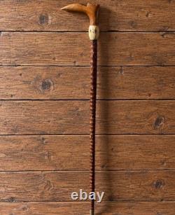 Antique Fritz Walking Stick Carved Wood Cane Horn Collar Rustic Gentleman's Cane