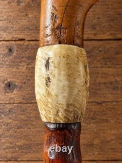 Antique Fritz Walking Stick Carved Wood Cane Horn Collar Rustic Gentleman's Cane
