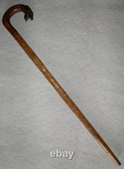 Antique Fruit Wood Walking Stick / Cane Hand Carved Shaft & Dragon Head Crook