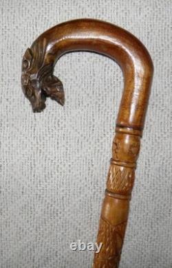 Antique Fruit Wood Walking Stick / Cane Hand Carved Shaft & Dragon Head Crook
