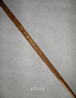Antique Fruit Wood Walking Stick / Cane Hand Carved Shaft & Dragon Head Crook
