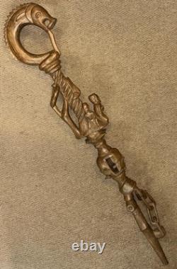 Antique Fully Hand-Carved Hardwood African Zambian Nyami Nyami Walking Stick