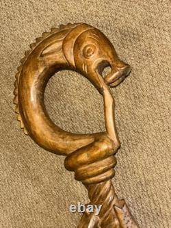 Antique Fully Hand-Carved Hardwood African Zambian Nyami Nyami Walking Stick