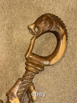 Antique Fully Hand-Carved Hardwood African Zambian Nyami Nyami Walking Stick