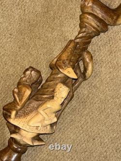 Antique Fully Hand-Carved Hardwood African Zambian Nyami Nyami Walking Stick