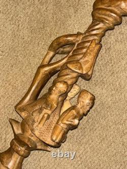 Antique Fully Hand-Carved Hardwood African Zambian Nyami Nyami Walking Stick