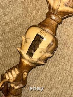 Antique Fully Hand-Carved Hardwood African Zambian Nyami Nyami Walking Stick