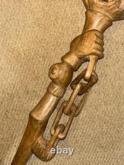 Antique Fully Hand-Carved Hardwood African Zambian Nyami Nyami Walking Stick
