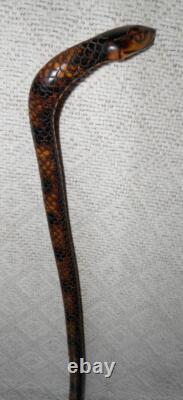 Antique Fully Hand-Carved Rattle Snake Walking Stick Scorched Pine 92cm Long