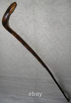Antique Fully Hand-Carved Rattle Snake Walking Stick Scorched Pine 92cm Long