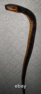 Antique Fully Hand-Carved Rattle Snake Walking Stick Scorched Pine 92cm Long