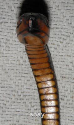 Antique Fully Hand-Carved Rattle Snake Walking Stick Scorched Pine 92cm Long
