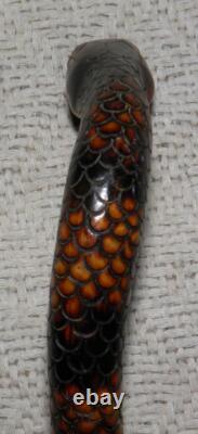 Antique Fully Hand-Carved Rattle Snake Walking Stick Scorched Pine 92cm Long