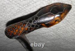Antique Fully Hand-Carved Rattle Snake Walking Stick Scorched Pine 92cm Long