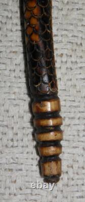 Antique Fully Hand-Carved Rattle Snake Walking Stick Scorched Pine 92cm Long