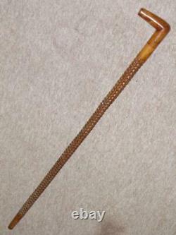 Antique Fully Hexagonally Hand-Carved Walking Stick/Cane With Fritz Handle -89.5cm