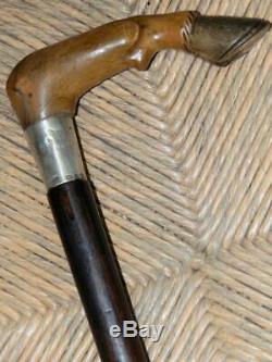 Antique G & J Zair Bovine Horn carved Horse Leg Walking Stick H/M Silver'1898
