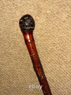 Antique Gadget Concealed Japanese Fishing Rod Walking Stick Hand Carved Shaft