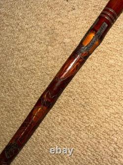 Antique Gadget Concealed Japanese Fishing Rod Walking Stick Hand Carved Shaft