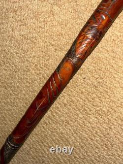 Antique Gadget Concealed Japanese Fishing Rod Walking Stick Hand Carved Shaft