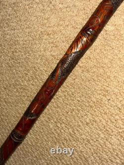 Antique Gadget Concealed Japanese Fishing Rod Walking Stick Hand Carved Shaft