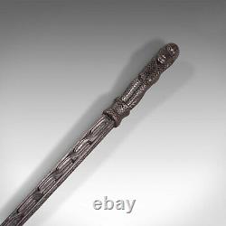 Antique Gentleman's Club Cane, English, Ebony, Carved Walking Stick, Victorian