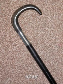 Antique Gents Hand Carved Bovine Horn Crook Topped Ebonised Walking Stick 88cm