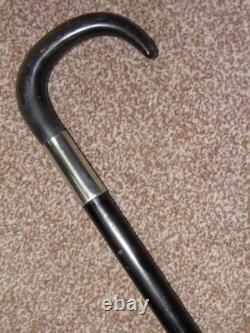 Antique Gents Hand Carved Bovine Horn Crook Topped Ebonised Walking Stick 88cm