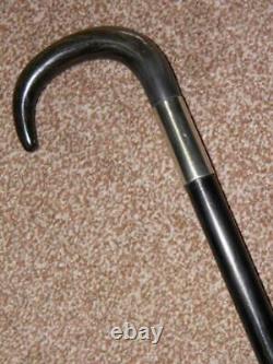Antique Gents Hand Carved Bovine Horn Crook Topped Ebonised Walking Stick 88cm