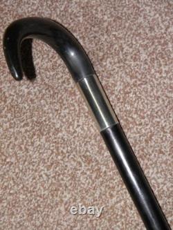 Antique Gents Hand Carved Bovine Horn Crook Topped Ebonised Walking Stick 88cm