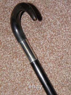 Antique Gents Hand Carved Bovine Horn Crook Topped Ebonised Walking Stick 88cm