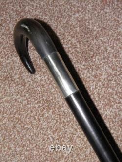 Antique Gents Hand Carved Bovine Horn Crook Topped Ebonised Walking Stick 88cm