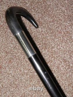 Antique Gents Hand Carved Bovine Horn Crook Topped Ebonised Walking Stick 88cm