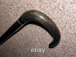 Antique Gents Hand Carved Bovine Horn Crook Topped Ebonised Walking Stick 88cm
