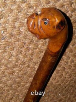 Antique Gents Rustic Ash Walking Cane/Stick-Hand Carved Boxer Dog Top-Glass Eyes