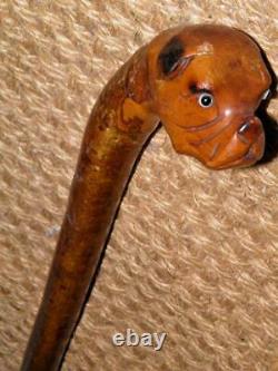 Antique Gents Rustic Ash Walking Cane/Stick-Hand Carved Boxer Dog Top-Glass Eyes