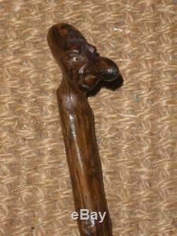 Antique Gents Rustic Walking Cane With Hand Carved Treen 1 Eye Grotesque Pommel