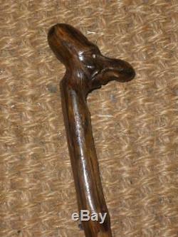 Antique Gents Rustic Walking Cane With Hand Carved Treen 1 Eye Grotesque Pommel
