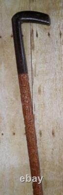 Antique Gents Treen Fully Carved Shaft Walking Stick / Cane Floral Design 96cm