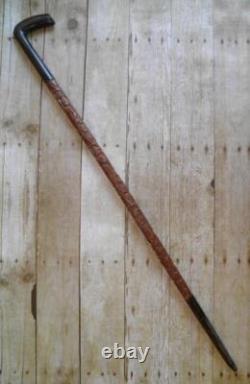 Antique Gents Treen Fully Carved Shaft Walking Stick / Cane Floral Design 96cm