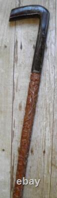 Antique Gents Treen Fully Carved Shaft Walking Stick / Cane Floral Design 96cm