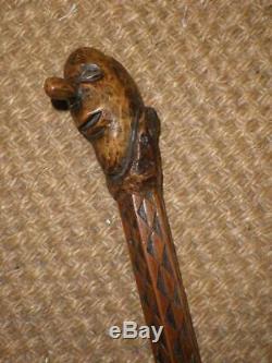 Antique Gents Treen Hand Carved Drunken Character Top Walking Stick/Cane 90cm
