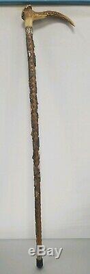 Antique German Stag Antler Handle Carved Hickory Cane Walking Stick with28 badges