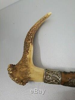 Antique German Stag Antler Handle Carved Hickory Cane Walking Stick with28 badges