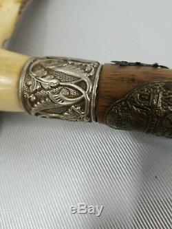 Antique German Stag Antler Handle Carved Hickory Cane Walking Stick with28 badges