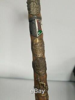 Antique German Stag Antler Handle Carved Hickory Cane Walking Stick with28 badges