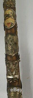 Antique German Stag Antler Handle Carved Hickory Cane Walking Stick with28 badges