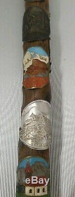 Antique German Stag Antler Handle Carved Hickory Cane Walking Stick with28 badges