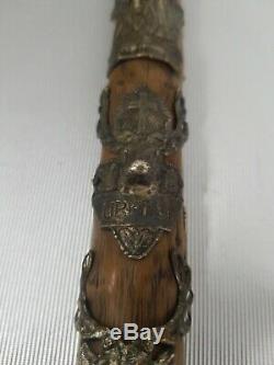 Antique German Stag Antler Handle Carved Hickory Cane Walking Stick with28 badges